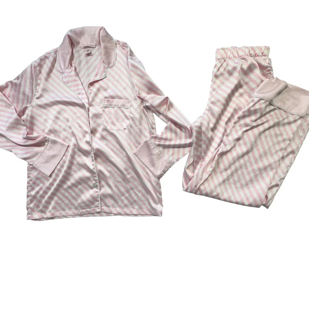 Victoria's Secret Pajama Set Womens Small Pink Excellent Striped Satin 2 Piece